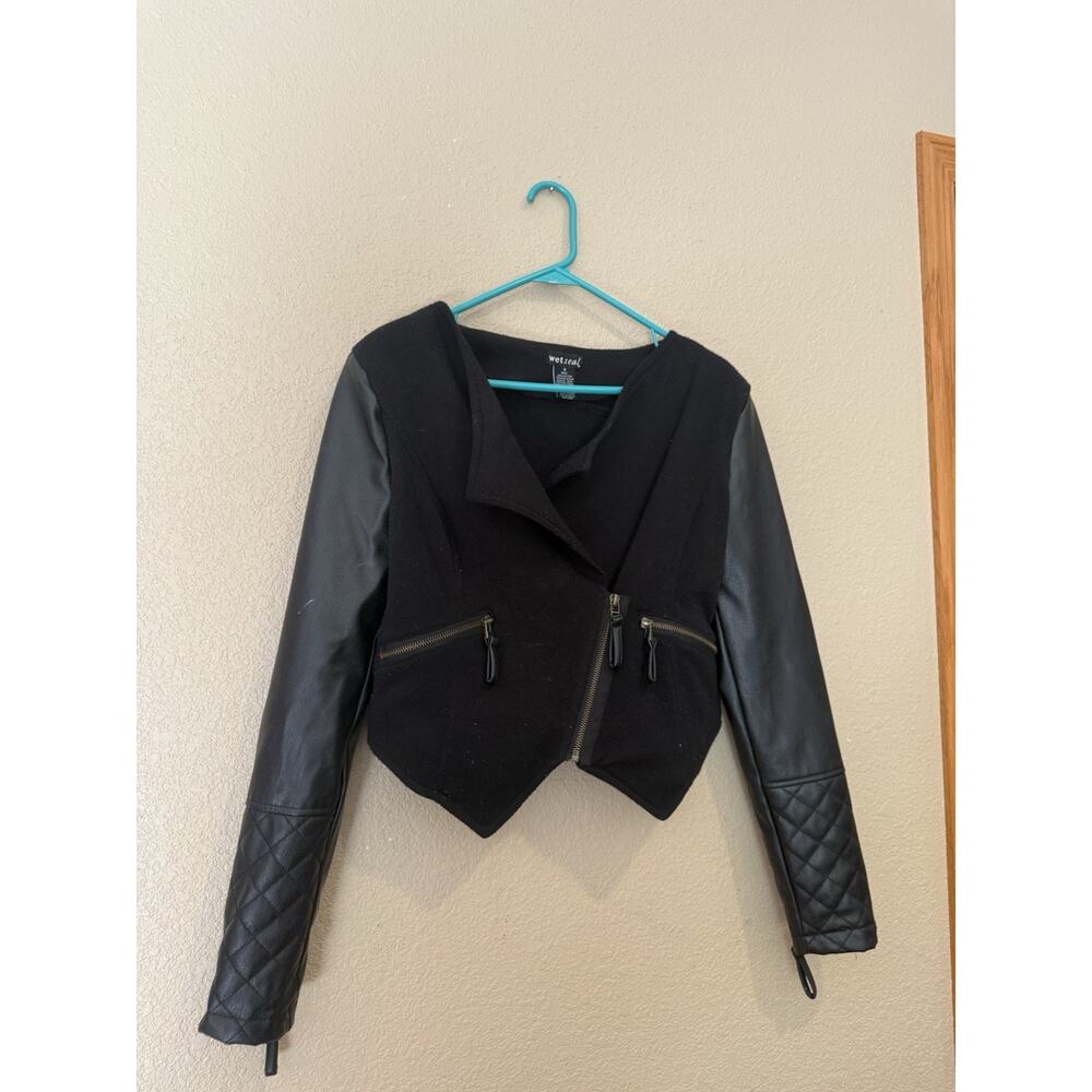 Wet Seal Vintage Blazer Jacket Leather Sleeves Black Size Small Midi Style